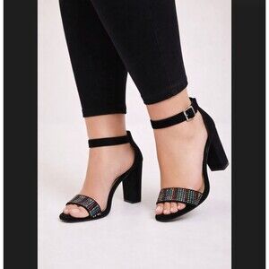Torrid Black Velvet Heels 9.5WW Rainbow Rhinestones Ankle Strap Wide Width Staci